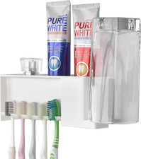 5 Slots Wall Mount Toothbrush Holder with Storage Box, Self Adhesive Toothbrush