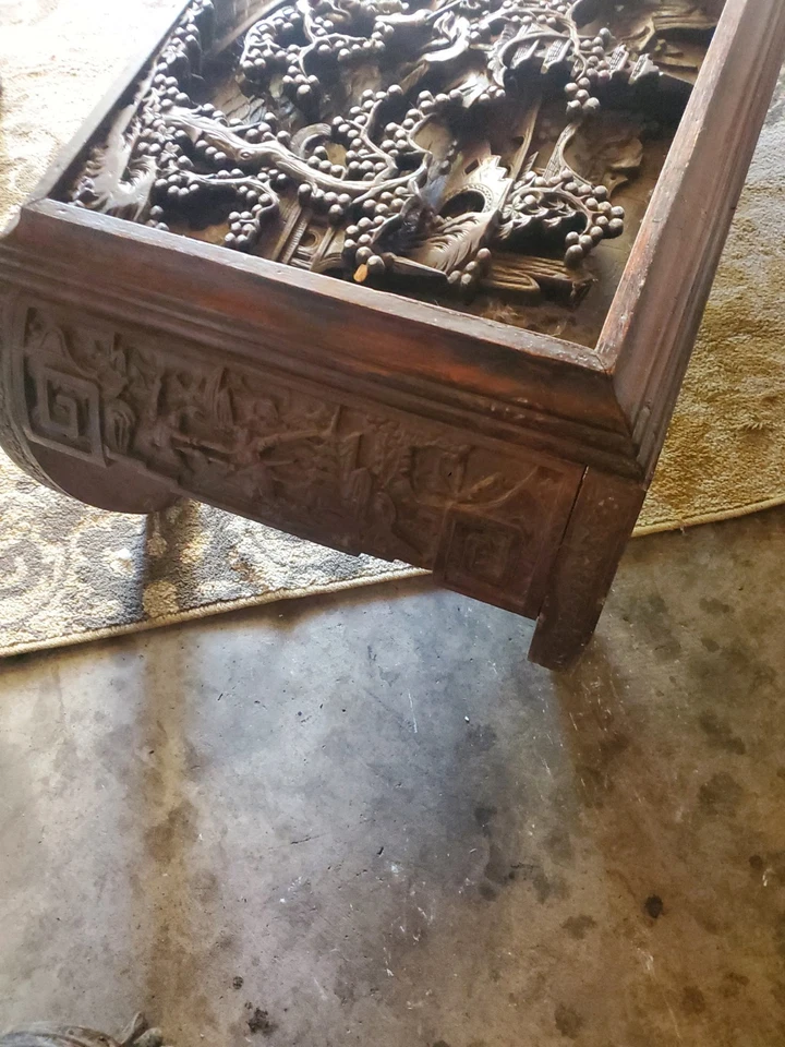 Antigua mesa china de altar de té de café tallada en madera 36,5" de largo 16,5" de ancho 12" T Foto 2 de 3