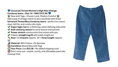 Universal Thread Women's High-Rise Vintage BLUE Corduroy Straight Jeans Size 14