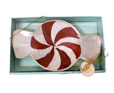 Heather Lee PEPPERMINT Swirl CANDY Ceramic Christmas 6'' Trinket TRAY NIB New