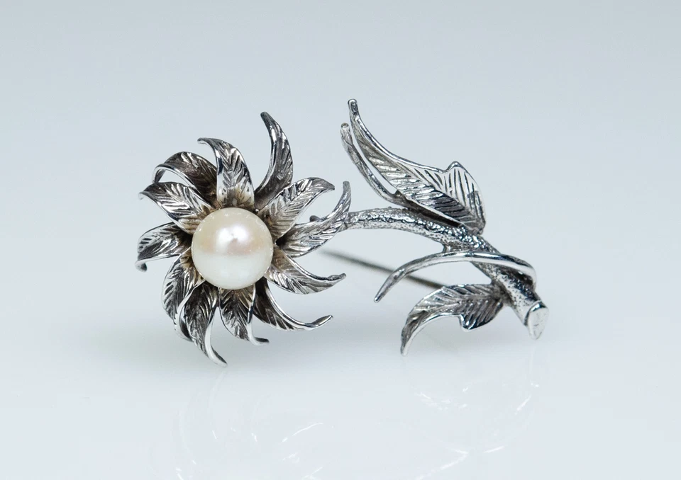 925 Argento - Spilla Vintage - Ø 8 Mm Perla Akoya - Immagine 2 di 4