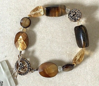 Barse Bracelet, Genuine Tiger's Eye, Citrine, and Bronzite with Bronze metal
