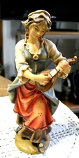 Vint. Mandolin Player Girl -Wood  Figure by Toni Baur-Bavaria Master Carver-SALE