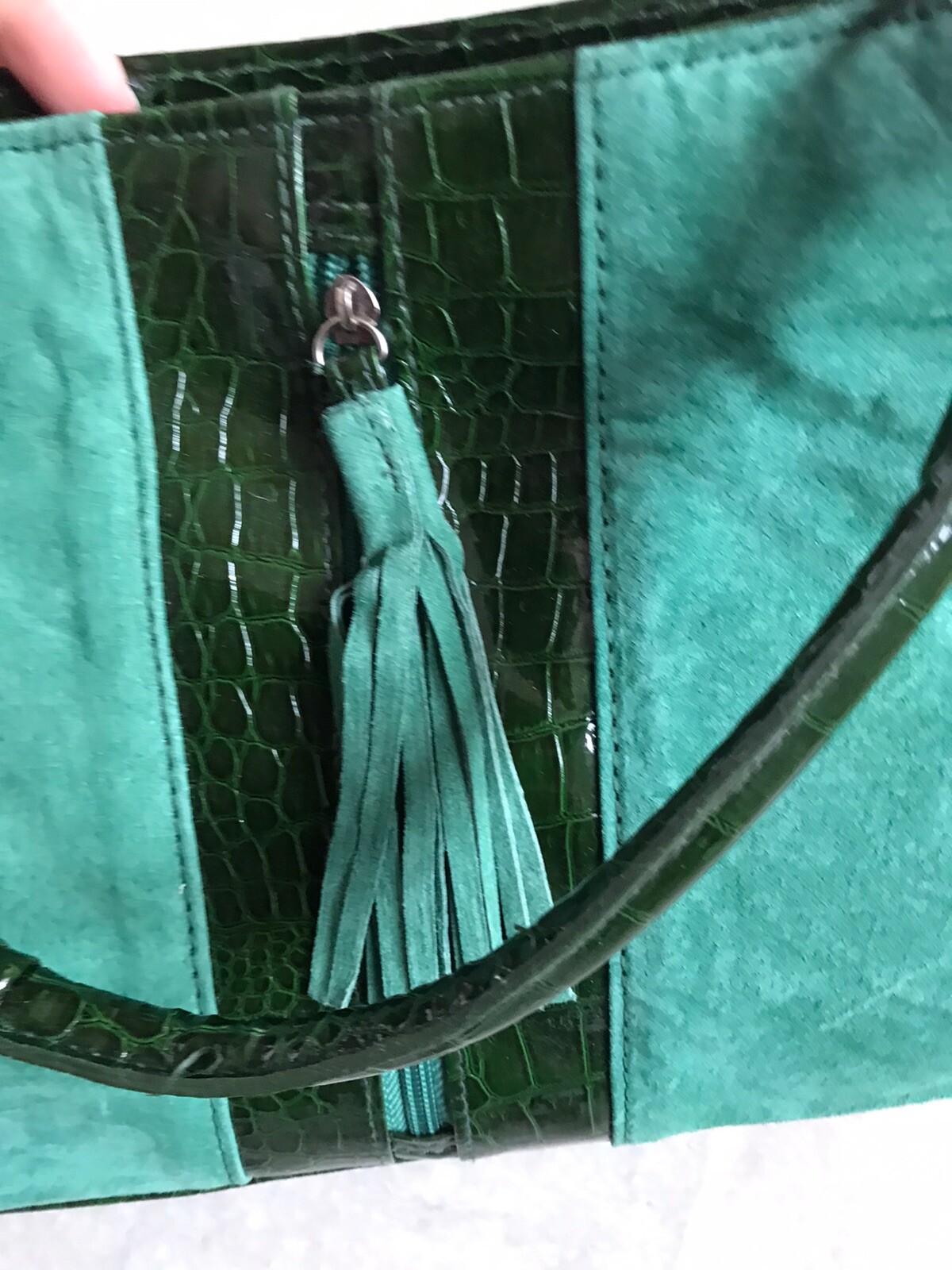 QVC green suede and mock croc patent Tassel handbag By FE medium New eBay