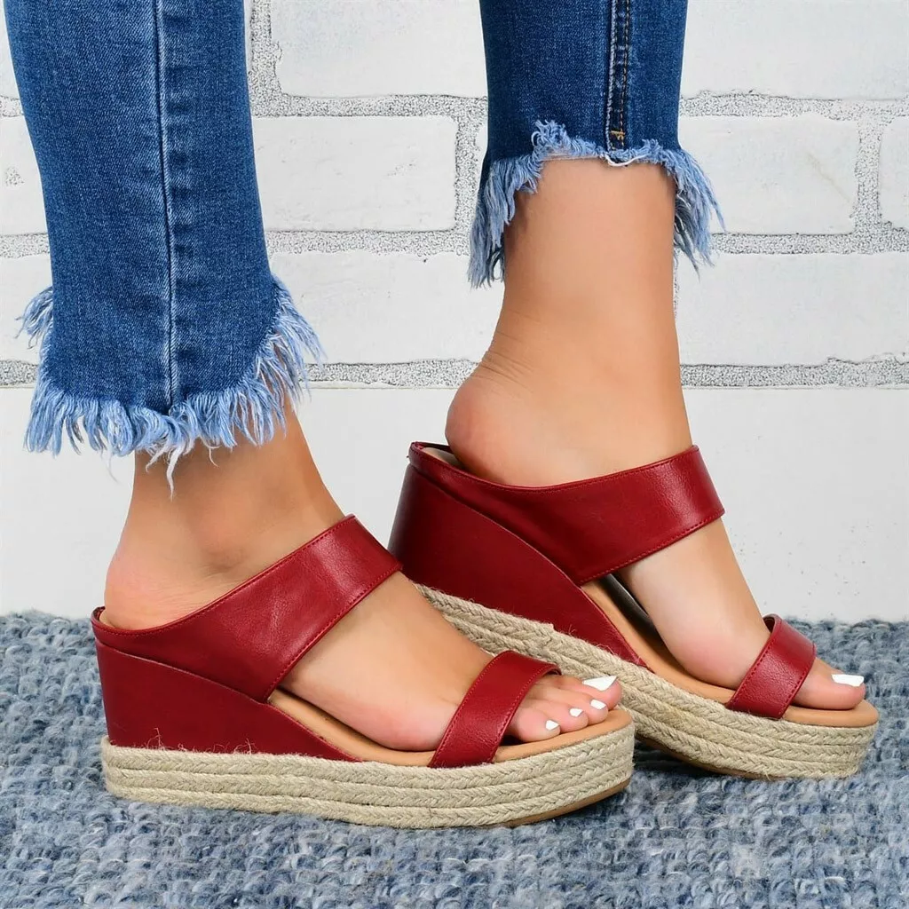 Summer Women Breathable Beach Sandals Open Toe Slip-On Straw Casual Wedges Shoes