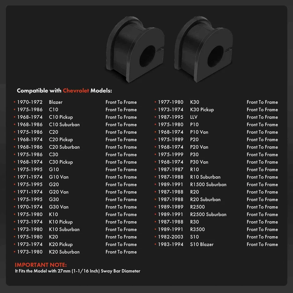 Kit de bujes de barra estabilizadora delantera de 2 piezas con barra de 27 mm para GMC C1500 C2500 C3500 G1500 G15 Foto 3 de 4