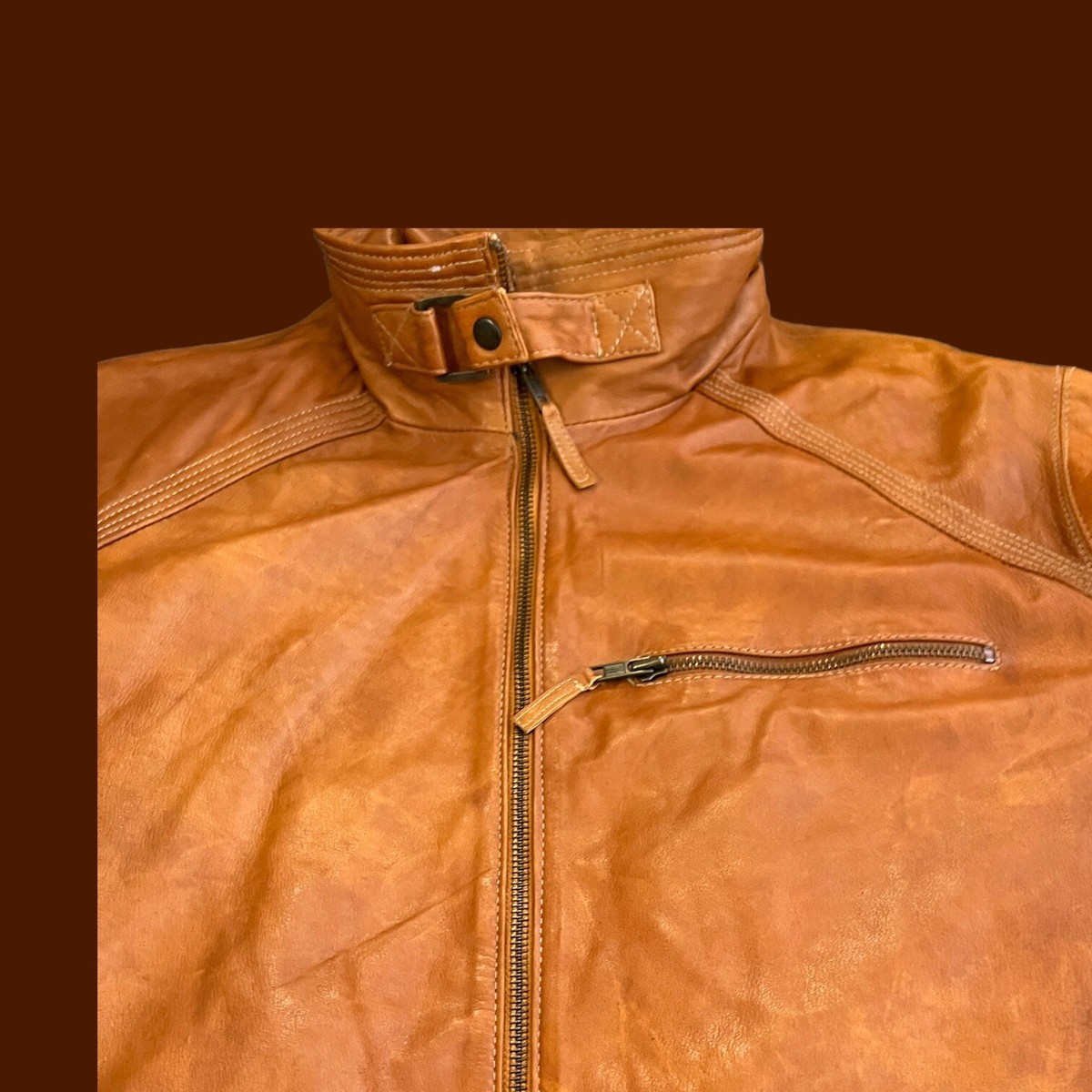 TORRAS Mens Brown Soft Leather Bomber Jacket Throat Latch Made