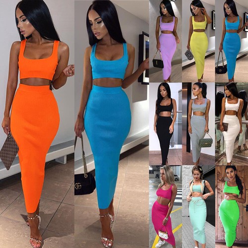 UK Womens Maxi Skirt Crop Top 2 Piece 