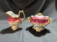 Hand Painted Old Paris porcelain Creamer & Suga pink with gilt rococo decoration
