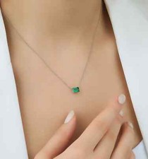 14K SOLID WHITE GOLD EMERALD CUT SOLITAIRE EMERALD NECKLACE, MAY BIRTHSTONE