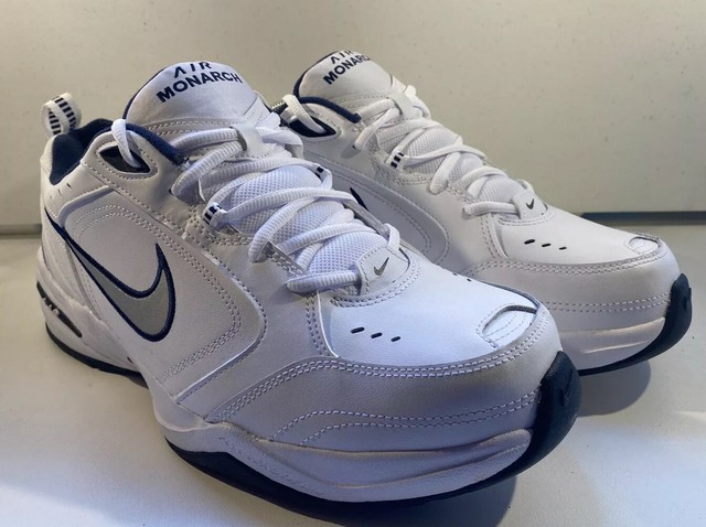 Nike Air Monarch IV Men's Athletic Shoes - White/Midnight Navy/White/Metallic Silver, Size 9 4E 