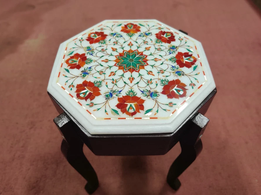 Hexagonal White Marble Inlay Table Top Fully Floral Design | Handmade Home Decor - Image 4 of 4