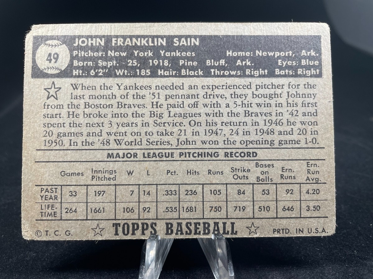 1952 Topps Baseball Johnny Sain #49 New York Yankees | eBay