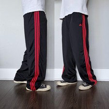 Y2K Baggy Adidas Track Pants Mens XL Black Red 3 Stripe Wide Leg Athletic