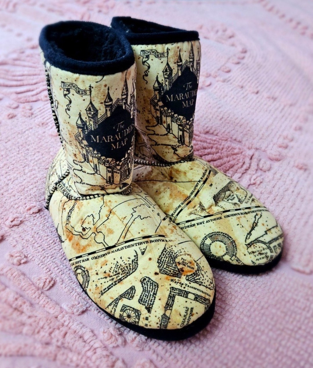 PANTOFOLA D’ORO Pantofole stivali sherpa Harry Potter Bioworld Marauders Map donna nuovi senza etichette taglia 5 6