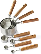 8PCS Stainless Steel Measuring Cups & Spoons Set w/ Wooden Handle Cooking Baking