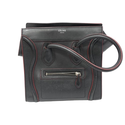 Celine Luggage Mini Black Leather Red Trim Smiley Face Top Handle Tote Bag
