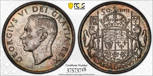 Canada, 1952 George VI Fifty Cents, 50 Cents. PCGS MS 65. 2,596,465 Mintage.