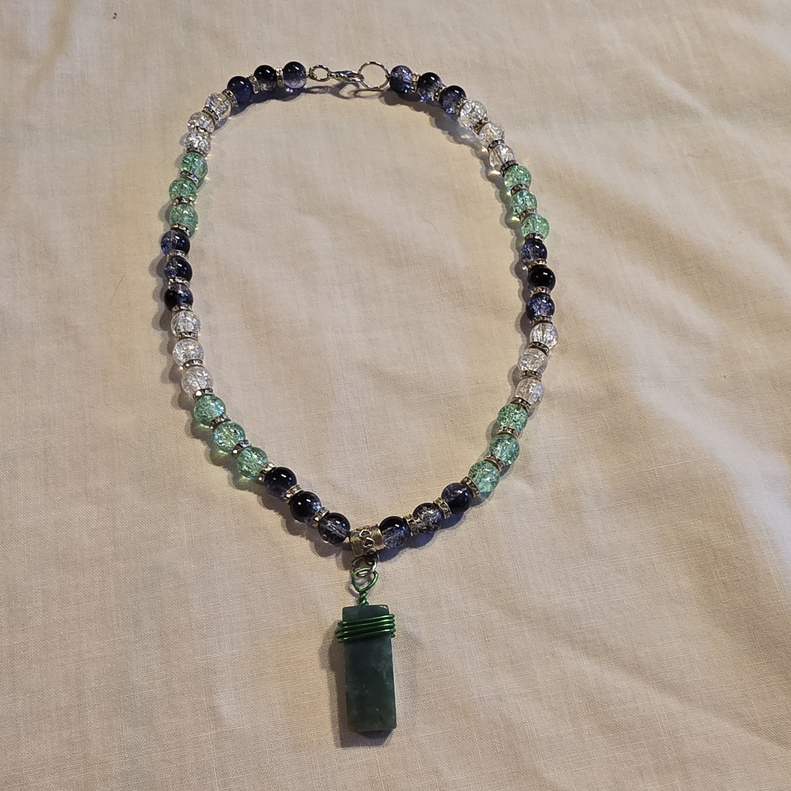 Handcrafted Beaded Jade Pendant Necklace Green Blue Clear glass beads Silver