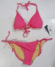 Tommy Hilfiger Womens Reversible Bathing Suit Bikini Pink w Logos / Yellow LG