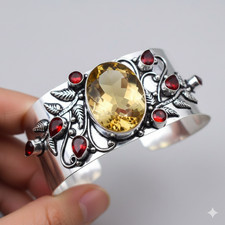 Yellow Citrine & Red Garnet Gemstone 925 Sterling Silver Jewelry Cuff Bracelet