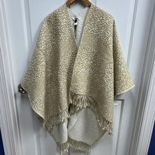 Boho Knit Cape Shawl Wrap Geometric Cream Beige Gold Fringe Open Front OS