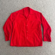 60s Red Corduroy Loop Collar Button Long Sleeve Vintage Shirt Large