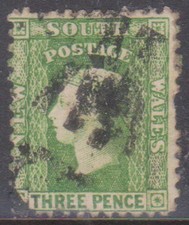 (F369-33) 1880 NSW 3d green small diadem stamp (AH)