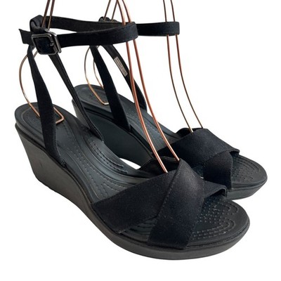 Crocs Leigh II Strap Wedge Sandals womens size 11 black fabric