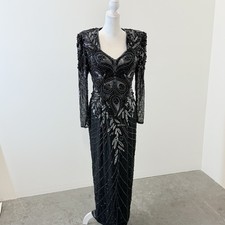 Vintage 1980s Black Silk Beaded Evening Gown Art Deco Formal Dress Size S