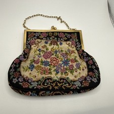 Petit Point Floral Tapestry Purse Clutch Vintage Austria Glass Closure Brass