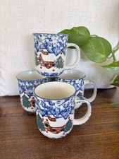 Set of 4 Folkcraft Rustic Log Cabin in the Snow Christmas Coffee Cups Mugs