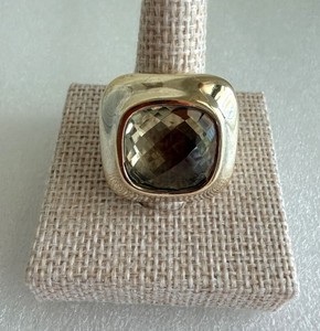Authentic 925 Silver Gold Plated Smoky Quartz Cushion Checkerboard Cut Statement Ring 6