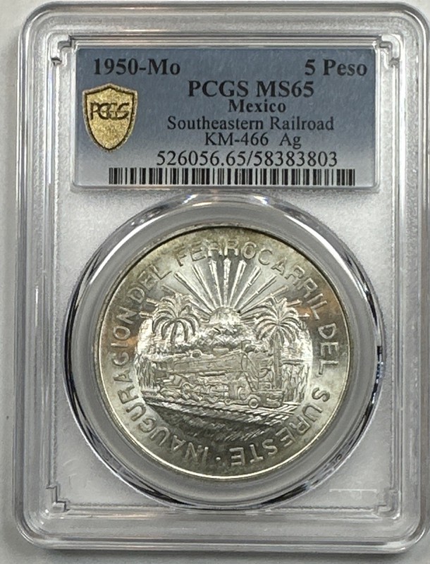 1950-Mo Mexico Southern Railroad Silver  5 Pesos PCGS MS 65
