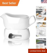 Elegant 20 Oz Porcelain Gravy Boat with Warming Stand for Mess-Free Serving