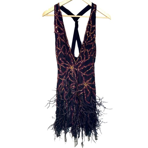 NWT Mandalay Black Purple Silk Beaded Sequin Feather Mini Evening Dress Size 2 - Afbeelding 1 van 16