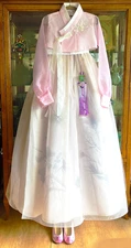 Limited 3pc Korean Hanbok -Rare Pink Blouse Jeogori & Floral Print Gallae Skirt