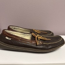 LL Bean Mens Slippers Size 10M Brown Leather Handsewn Sherpa Lined Moccasins