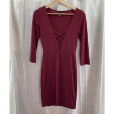 Windsor Burgundy Crisscross Up Plunge Neck Bodycon Mini Dress S Clubwear Edgy