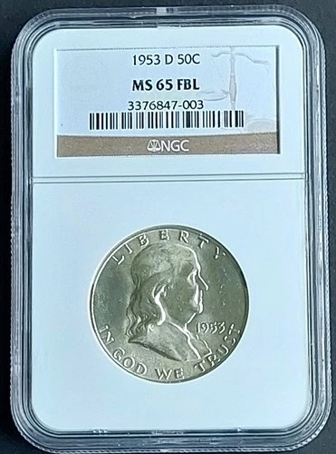 1953 D 50 Cents , NGC MS 65 FBL ,   nice silver coin       #1984 , # 64-15