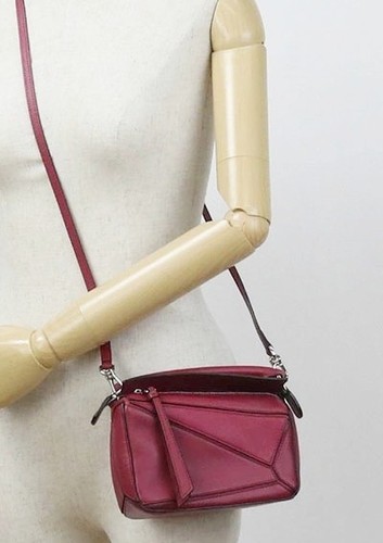 LOEWE Mini Puzzle Bag Deep Red Leather Top Handle Shoulder Crossbody Bag Strap