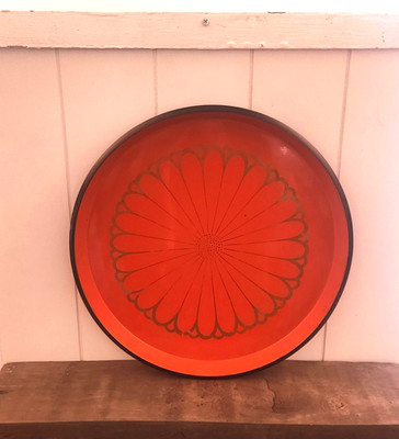 VTG 13.5'' MCM Round Plastic Melamine Tray Japanese Orange Black Floral Motif