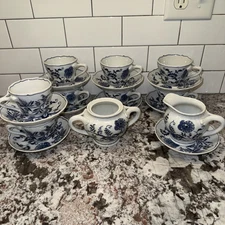 Vtg BLUE DANUBE Onion Old Banner Mark CUP SAUCER Sets CREAMER SUGAR Under Plate