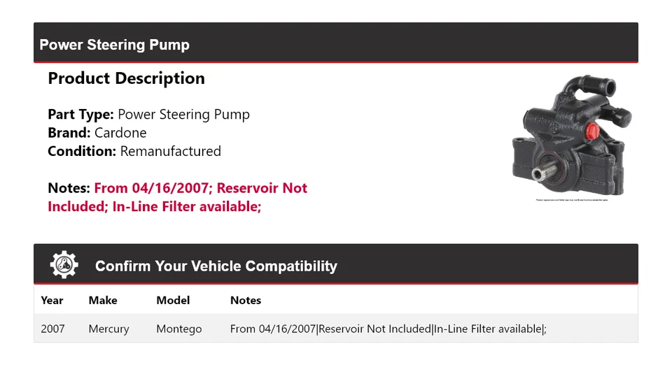 适用于 2007 Mercury Montego 动力转向泵 Cardone — 第 2/4 张图片