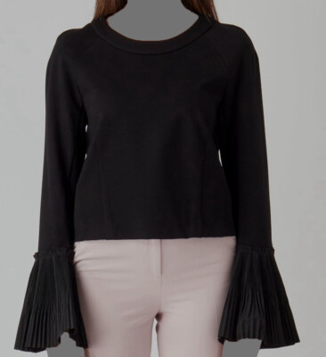 $225 MeimeiJ Women's Black Long Bell-Sleeve Pleated-Cuff Blouse Top Size 38
