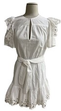 White Mini Dress Eyelet Embroidered Ruffle Boho Baby Doll Sz Small Joie SS