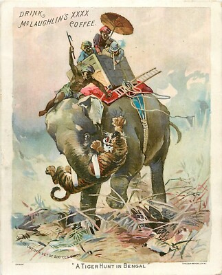 c1880s McLaughlin's Coffee - A Tiger Hunt In Bengal - Large Trade Card