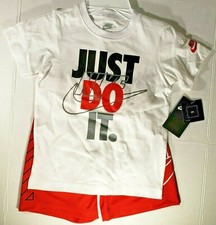 New Nike T-Shirt  Shorts Set Boy's 2-Piece Just Do It Logo Sz. 6 White/Red 