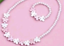 2 pc White and Pink Beaded Butterfly Charm Necklace and Bracelet Set