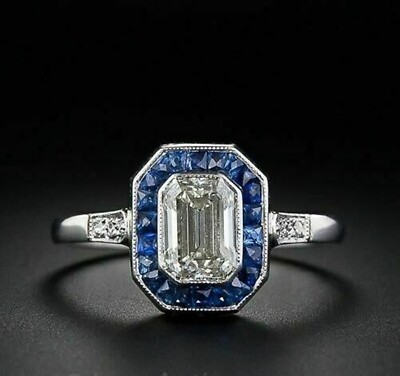 2.00Ct Emerald Simulated Diamond Art Deco Engagement Ring 14K White Gold Plated